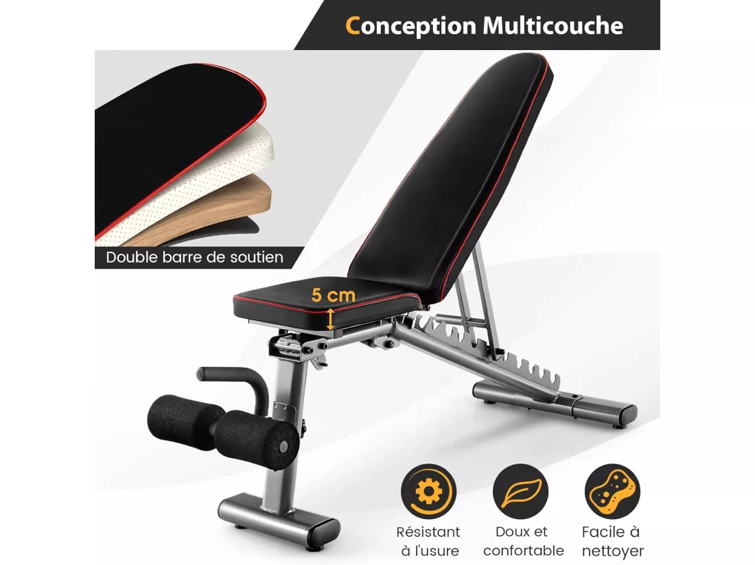Banc de Musculation Dossier Réglable 10 Positions, Banc pour Entraînement Complet du Corps en Métal Charge 300KG avec 2 Roues, Idéal pour Développé Couché et Abdominaux