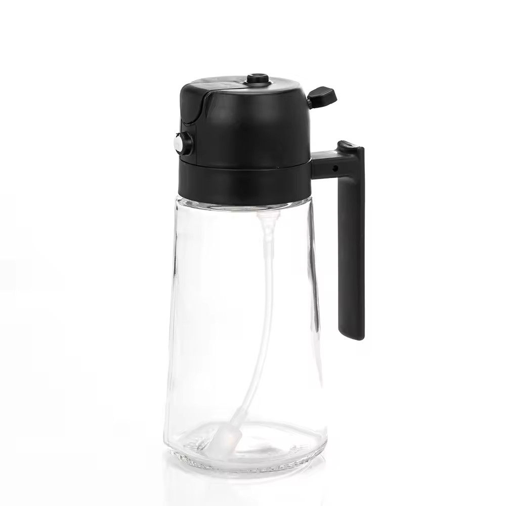 (470ml) 2in1 Öl Glas Sprühflasche Olivenöl Zerstäuber Küchen Spender - Schwarz / Transparent