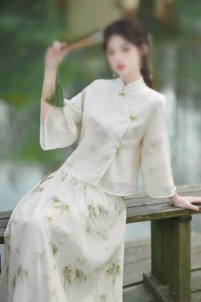 Fioridi - 3/4-mouw bamboe print Hanfu top / midi A-lijn rok / set