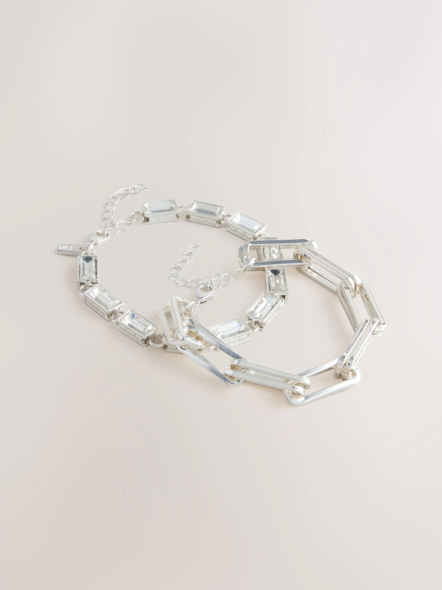 Zilverkleurig - Link Chain And Baguette Glass Stone Bracelets Pack