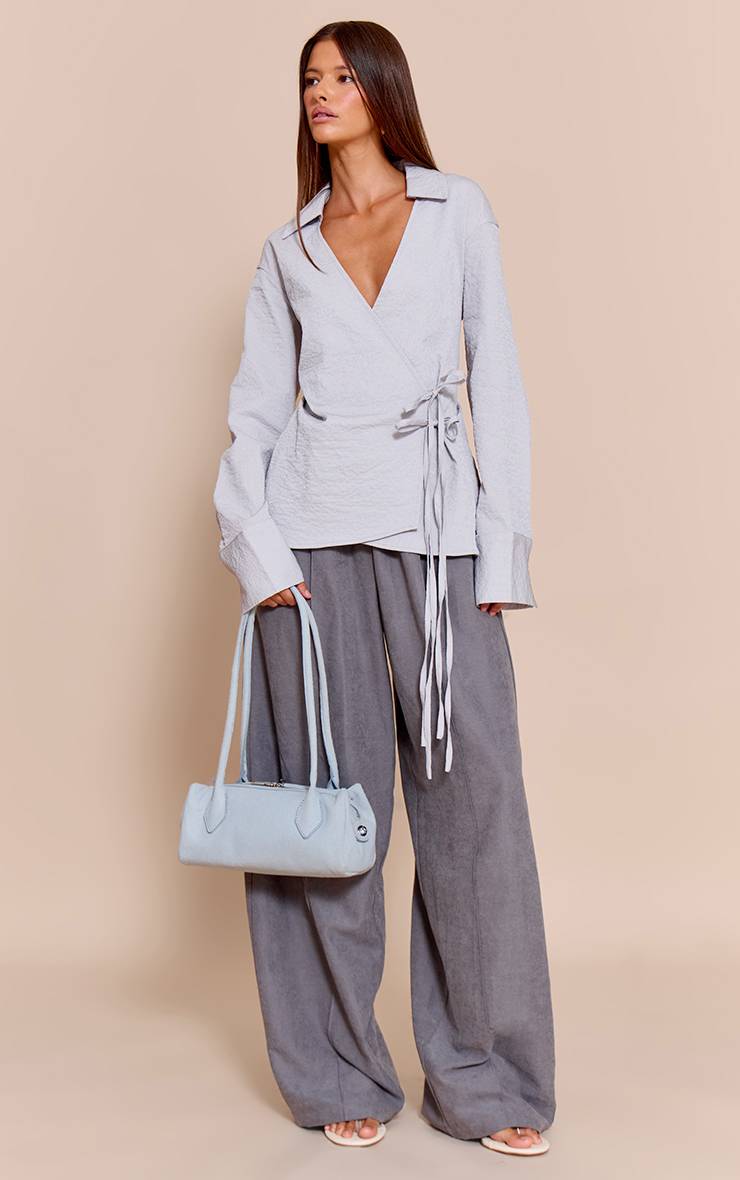 Bleu Clair Chemise Cache-cœur Texturée Avec Lien À Nouer
