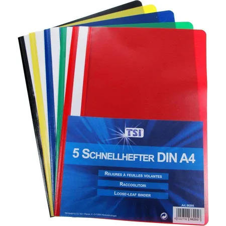 TSI Schnellhefter DIN A4, PP, 5 Stück je 1x schwarz, gelb, blau, rot, grün