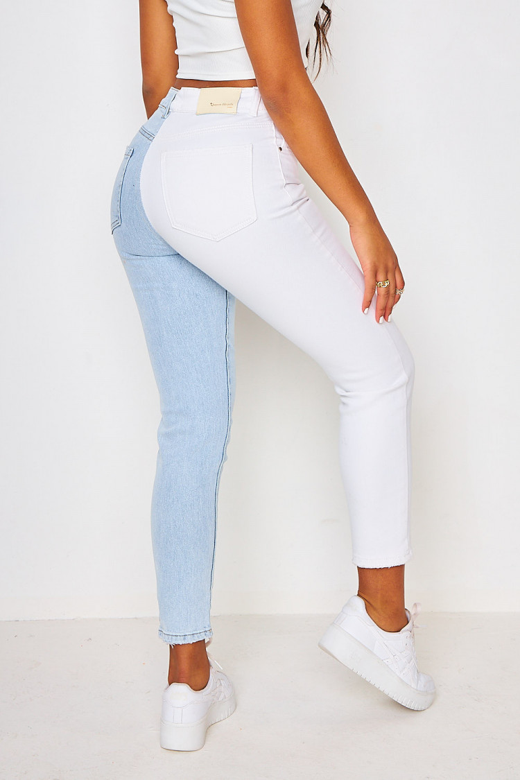 Jeans coupe droite bicolore contrastant bleu et blanc