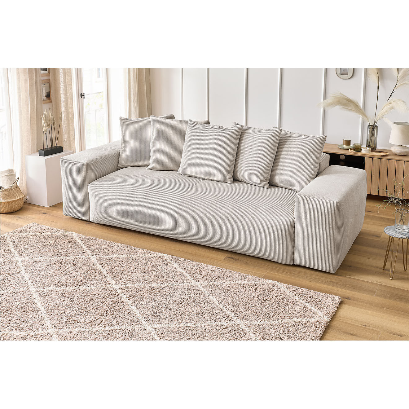 Bobochic Canapé droit fixe 3 places ultra moelleux voltaire velours côtelé beige - 280x124x75 cm