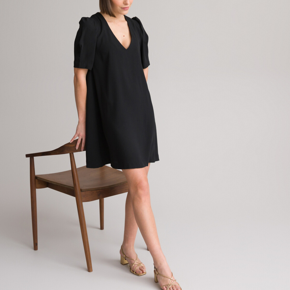 COLEÇÃO LA REDOUTE<br>Vestido curto, decote em V, mangas curtas