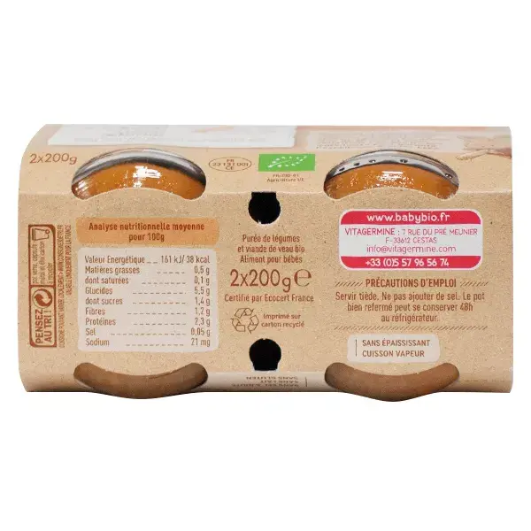 Almoço Babybio Orgânico de Batata, Cenoura e Vitela +8m 2 x 200g