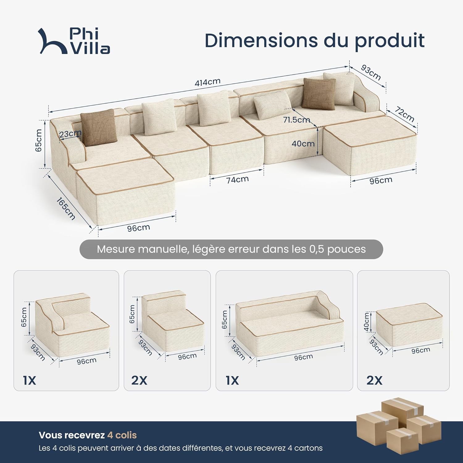 PHI VILLA Ecksofa mit Schlaffunktion Cloud Boneless Couch, Wohnlandschaft U Form Modulares Sofa Wohnzimmer Cord Keine Montage Beige