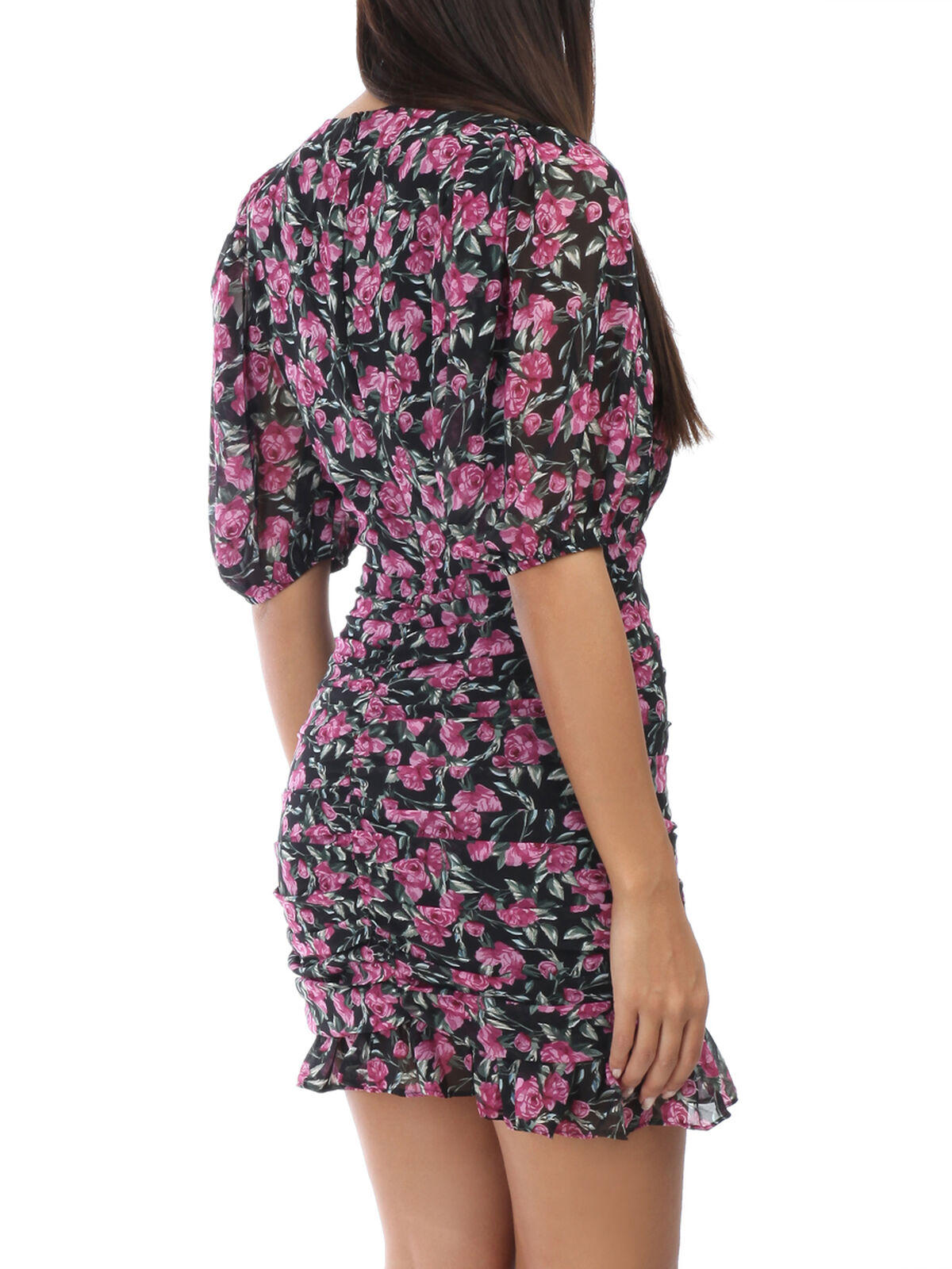 Robe froncée à fleurs- Noir