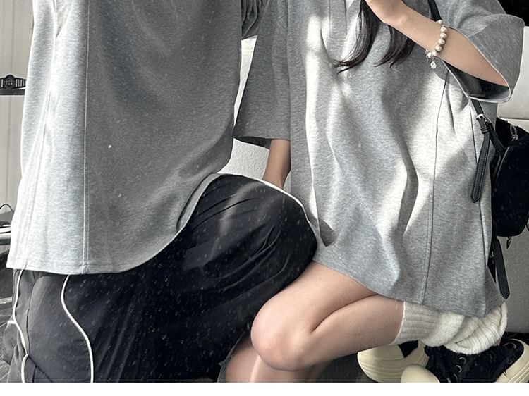 Azure - Matching Matching Two-Piece Elbow-Sleeve Crew Neck Two Tone Tee