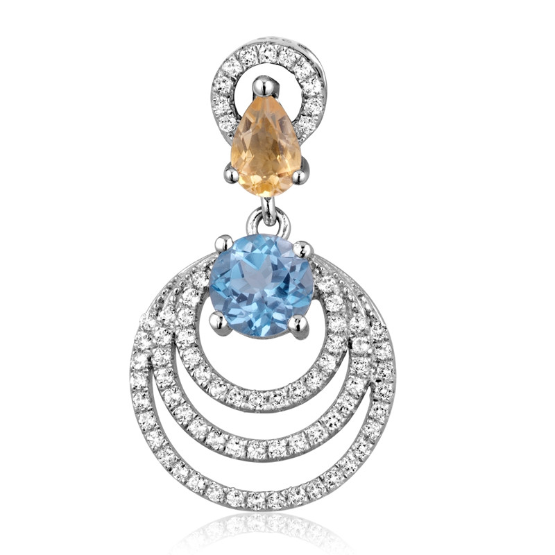 Pendentif en Argent orné de 74 Cristaux Swarovski Zirconia Blancs, Bleu et Citrine