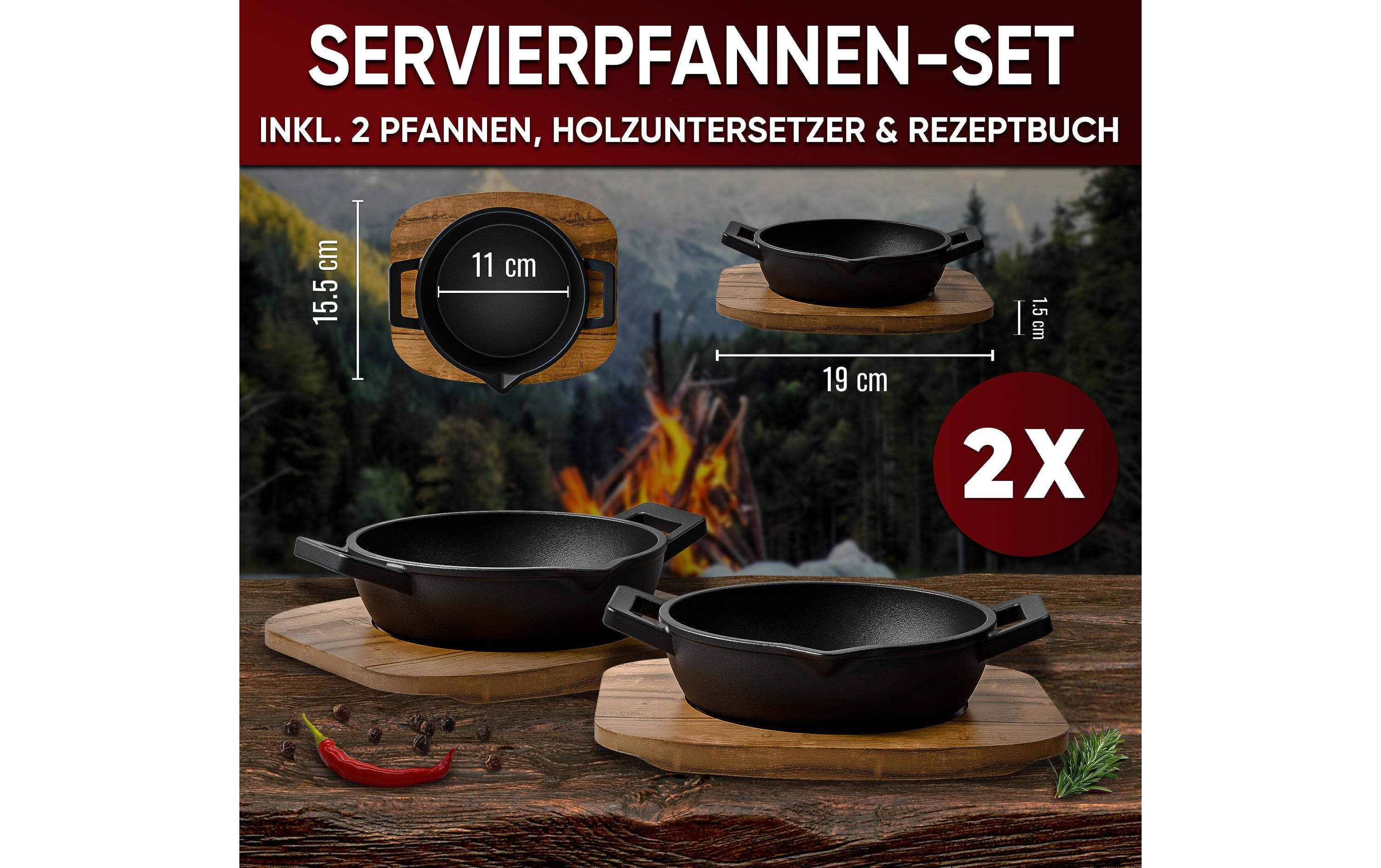 Mini Rundpfanne Set mit HolzsockelMini-Rundpfanne, 2er-Set + Holzsockel