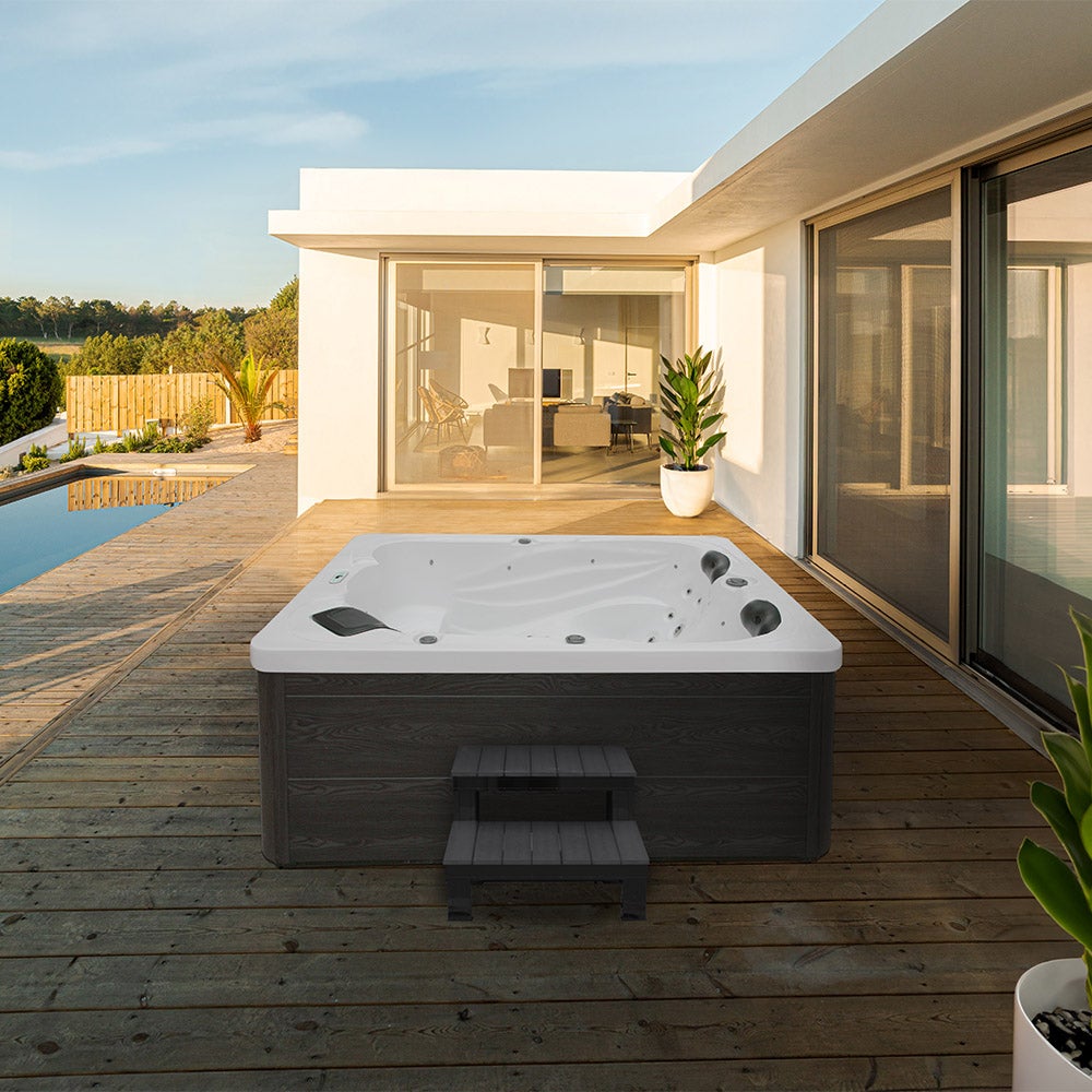 Home Deluxe - Buitenwhirlpool - SUNSET Plus Trappen en Thermische Cover - Afmetingen: 220 x 156 x 82 cm - Incl. 32 Massage Jets en 13 Lichtbronnen | Buitenwhirlpool Spa Jacuzzi