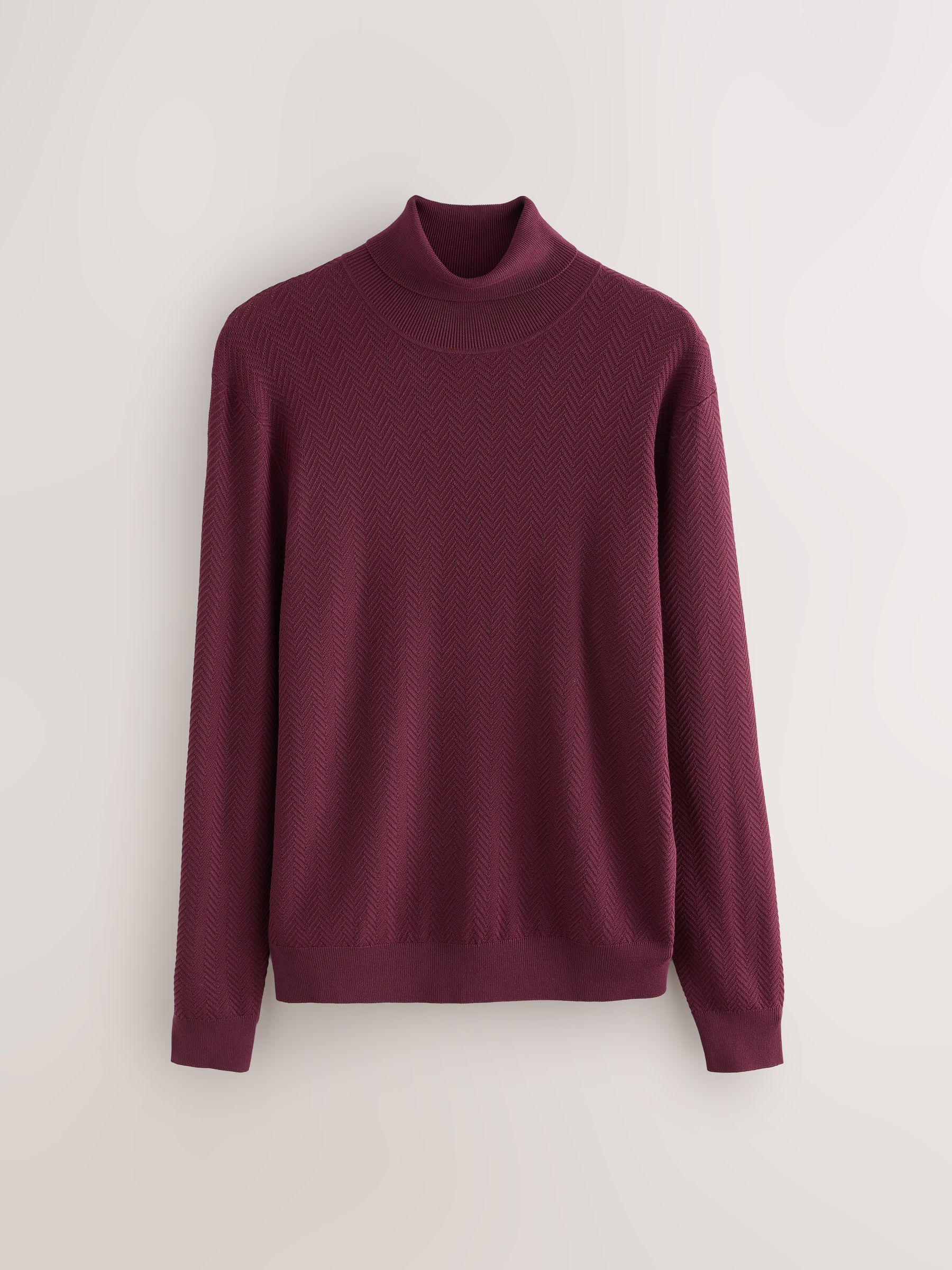 Bordeauxrood - Slim Fit Herringbone Texture Roll Neck Jumper