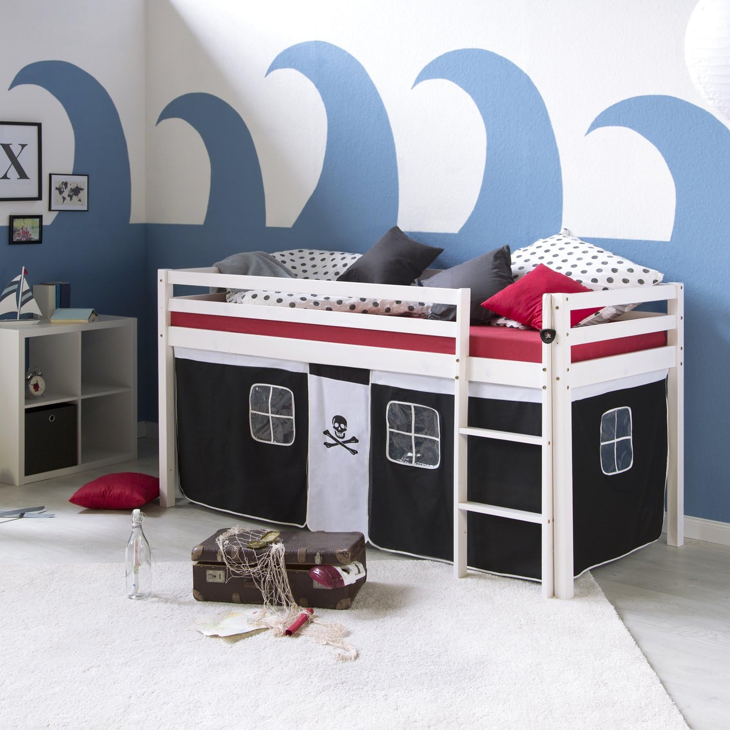 Homestyle4u Kinderbett 90x200 Weiß Hochbett Kinder mit Treppe Vorhang Pirat Schwarz Etagenbett Bettgestell Holz Kiefer | Artikel 1534