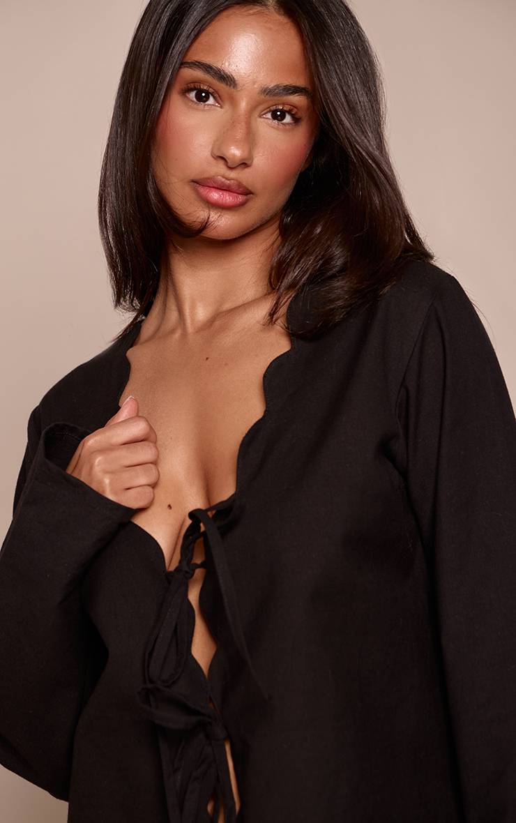 Noir Chemise Petite À Bords Festonnés Avec Liens Devant Et Manches Longues Aspect Lin Ensemble Coordonné