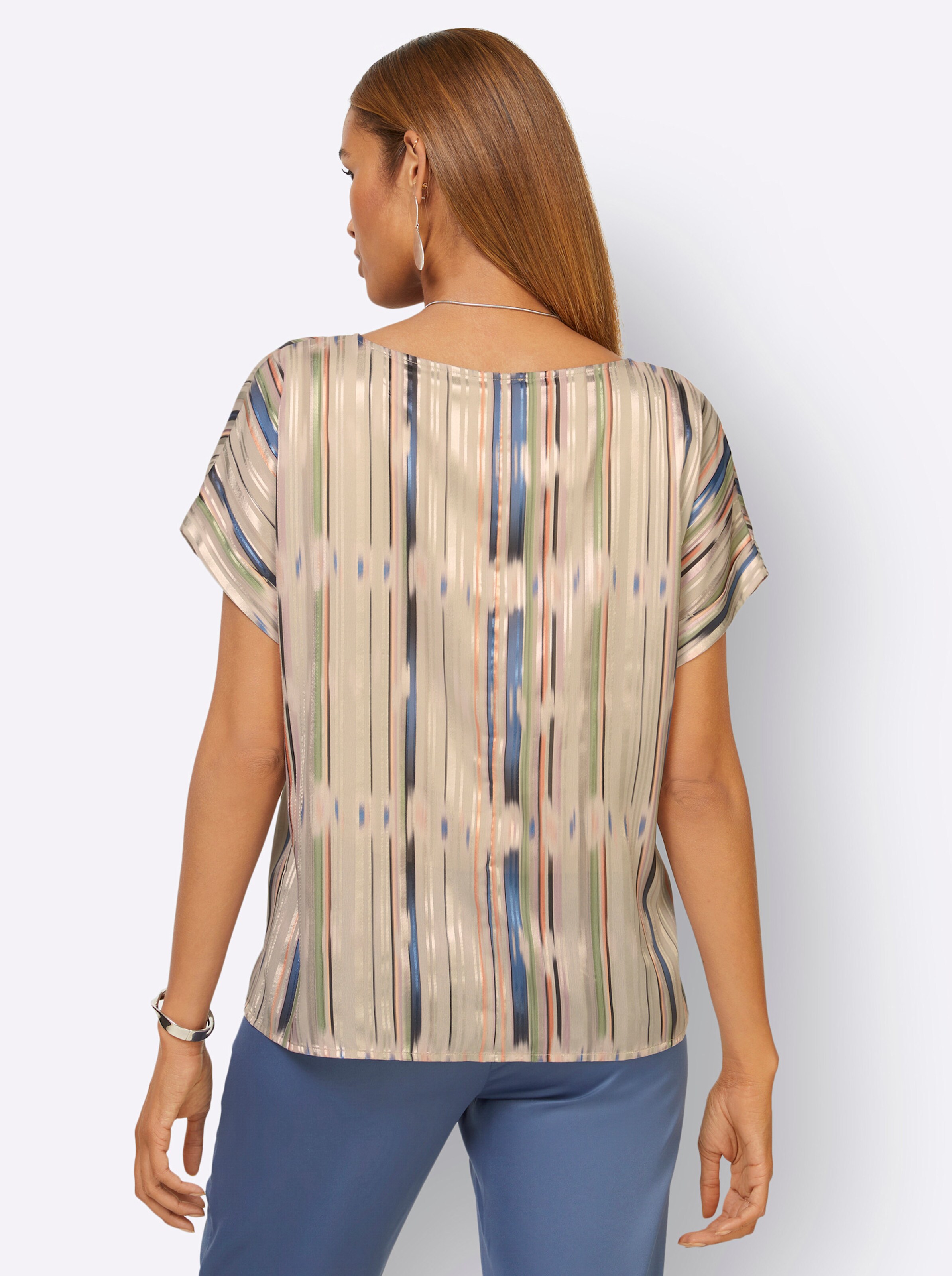 Bluse in beige-mandarine-bedruckt