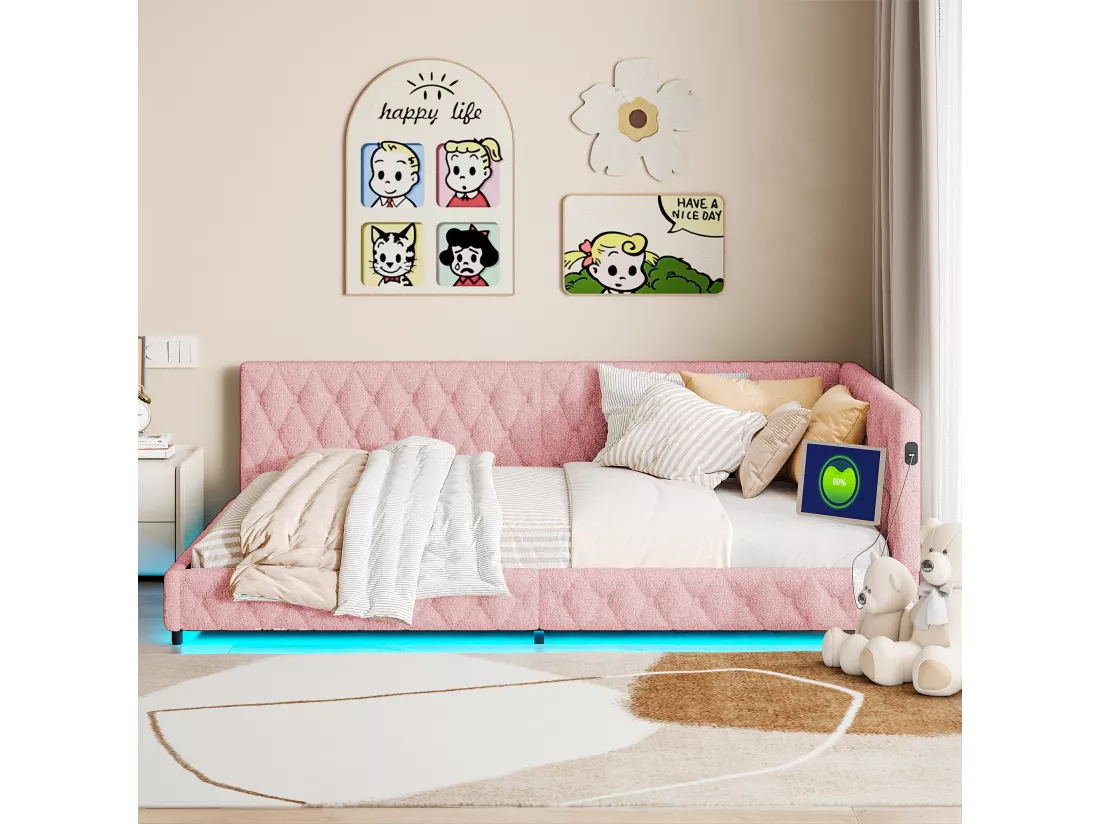 Lit gigogne 140x200 cm - Teddy velours, Canapé lit convertible avec éclairage LED et recharge USB, - ROSE