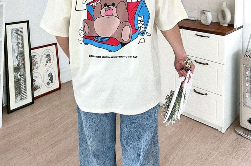 SeoulPop - T-shirt met korte mouwen en berenprint, losvallend