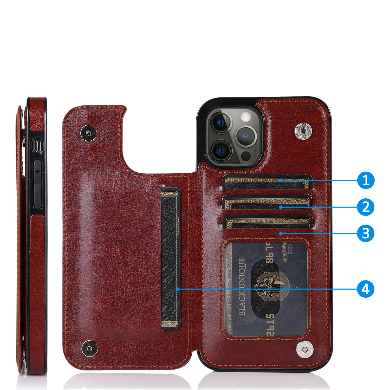 iPhone 14 Pro Max Hybrid Leder Hülle mit Kartenfach   Kickstand Aufsteller - Braun