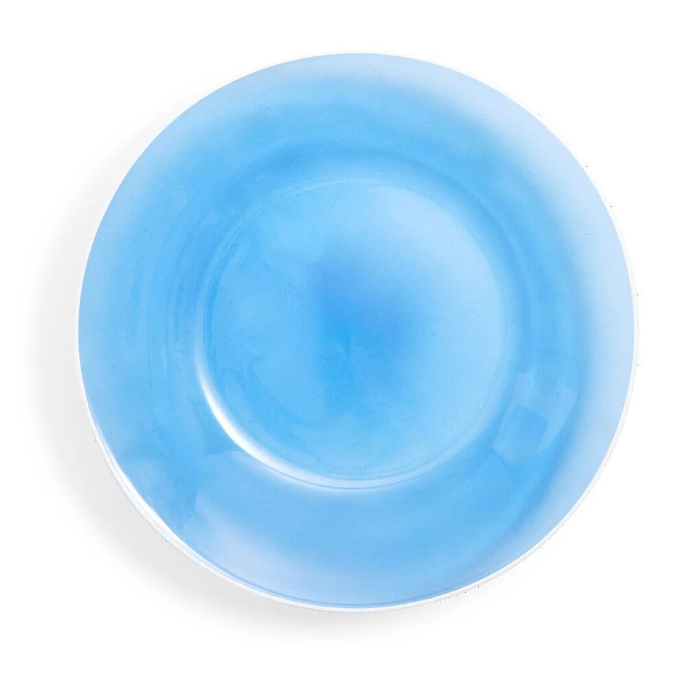 Assiette creuse verre bleu transparent liseré blanc Ø23cm