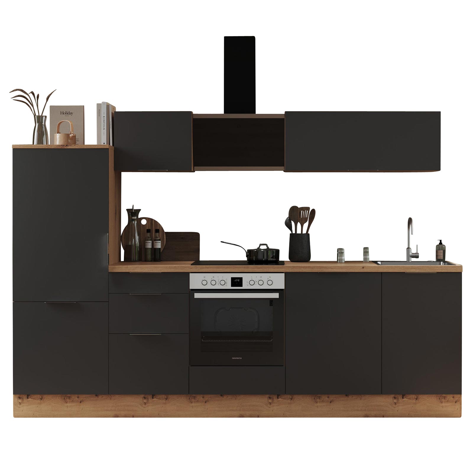 RESPEKTA Küchenblock - grau matt - Artisan Eiche - mit E-Geräten - 280 cm
