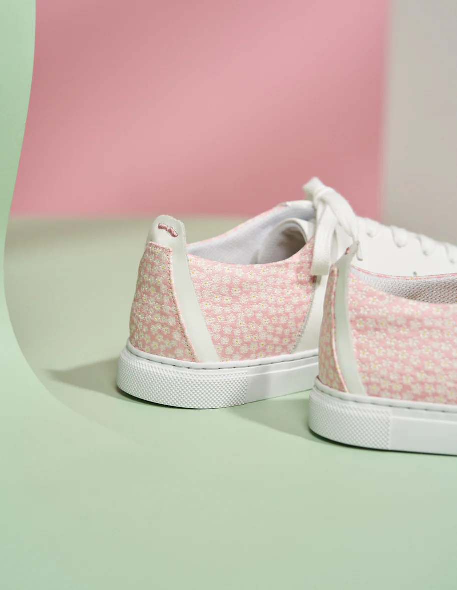 Baskets basses Renée - Cuir blanc et jacquard floral rose