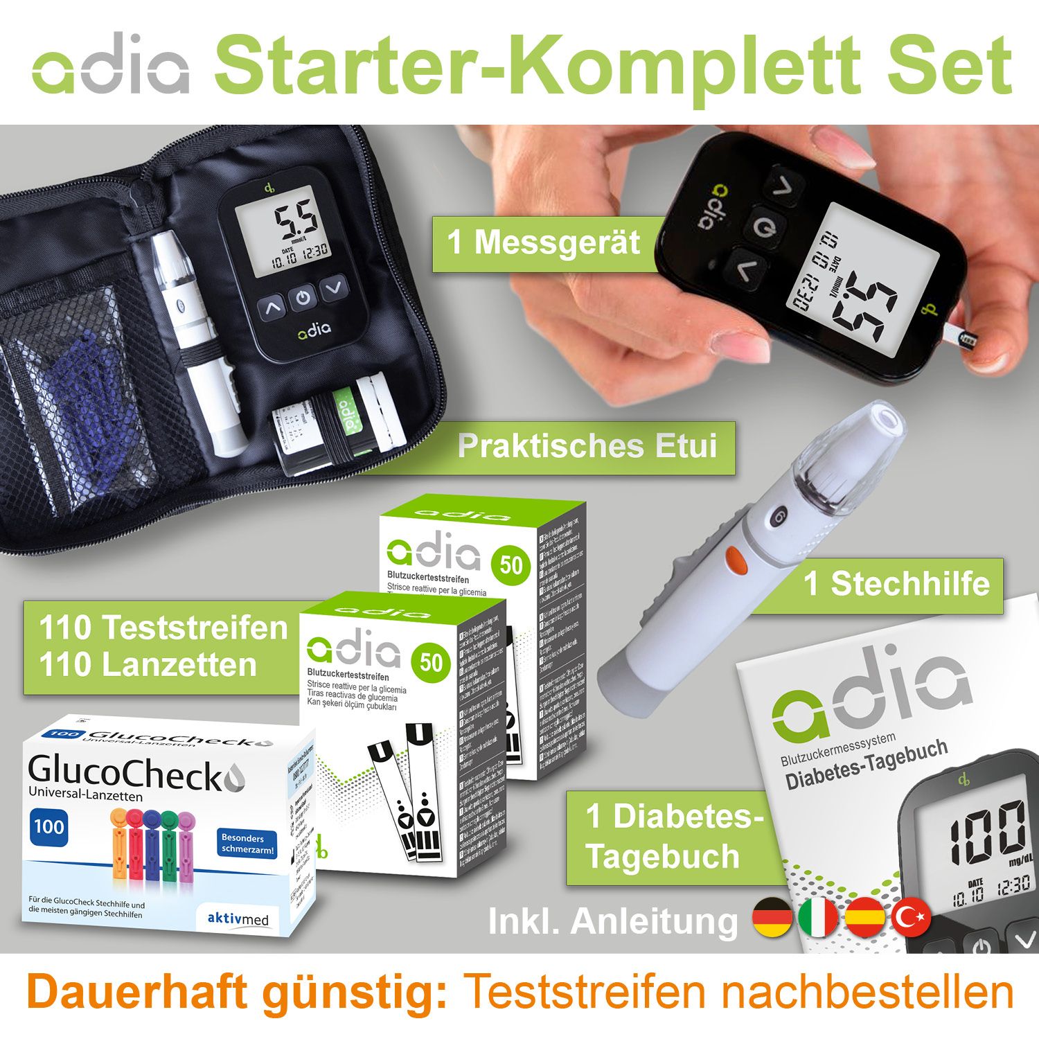 adia Blutzuckermessgerät (mmol/L) Set + 110 Blutzuckerteststreifen + 110 Lanzetten