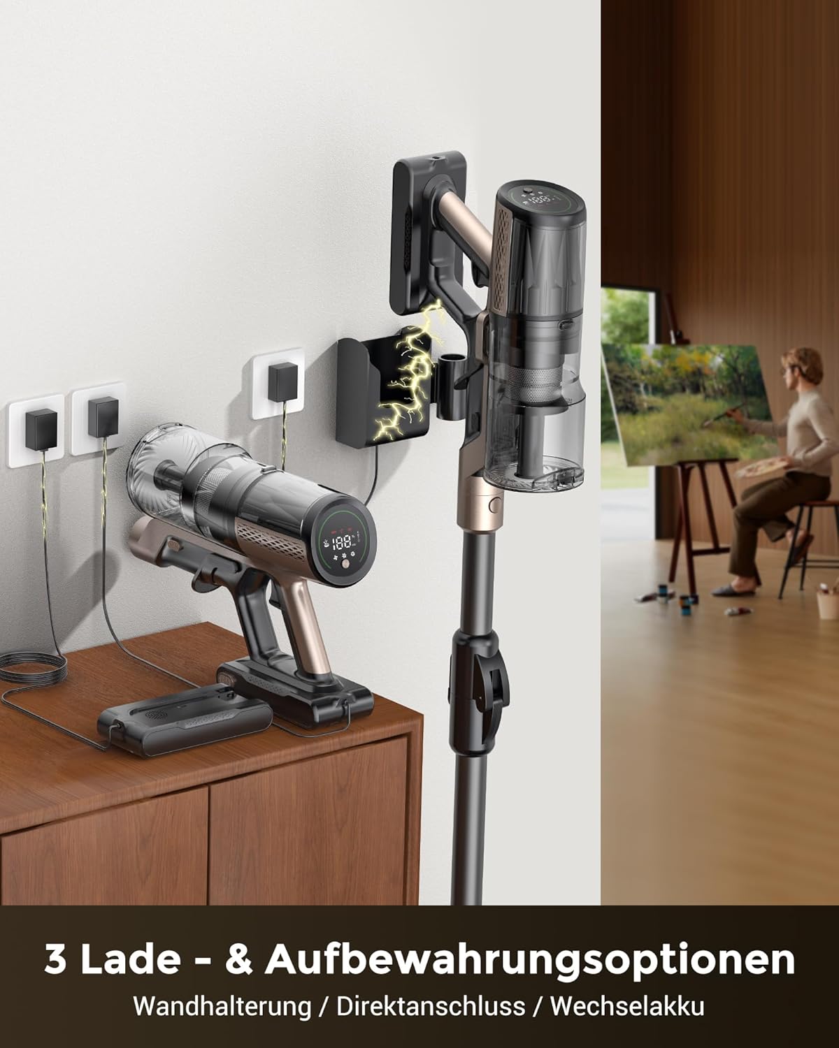 Proscenic P20 Akku Staubsauger mit Wischfunktion, 70KPa 70 Mins 680W Staubsauger Kabellos mit Selbststehend Wandladestation Anti-Tangle 6 Schichten Filter 1,5L, für Teppiche Haustierhaare,Aurum Black