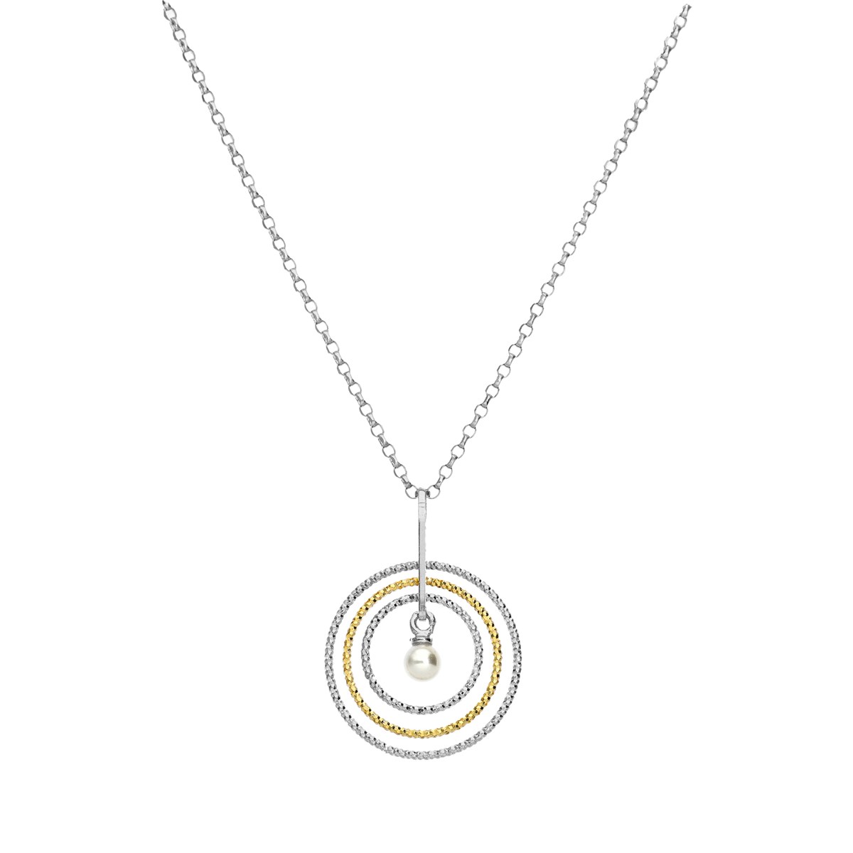 Collier En Argent Doré Bicolore 3 Cercles Avec Perle Naturelle