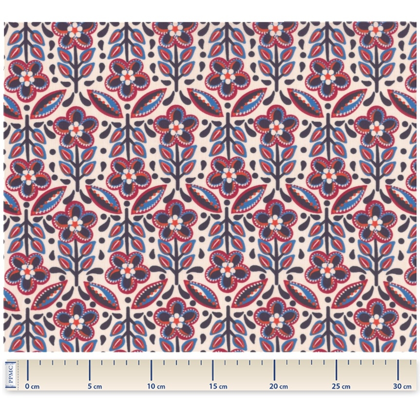 Coupon Tissu 1 M Ex2474 Folkofleur Rouge Bleu