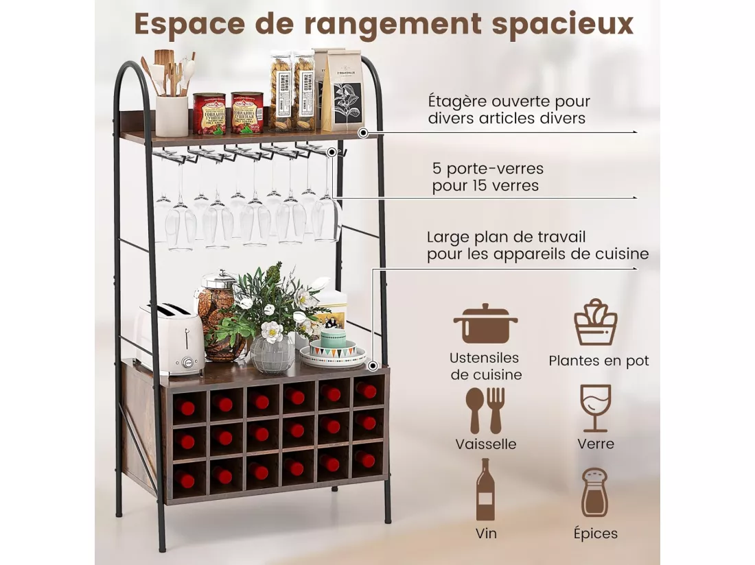 Porte-Bouteille Industriel avec Porte-Verres, 18 Bouteilles & 15 Verres, Casier à vin Amovible, Étagères de Rangement pour Cuisine, Salle à Manger, Bar, 32 x 63 x 114,5 cm, Marron Rustique