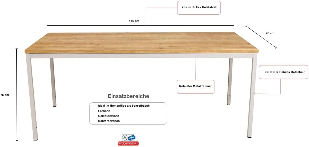 furni24 Schreibtisch-Stahl 140x70x75cm, Eiche, TÜV/GS-Einfache Montage, Arbeitstisch, Bürotisch, Küchentisch, Esstisch, Druckertisch Büro-Möbel Arbeitszimmer Computertisch Gaming-Tisch Mehrzwecktisch