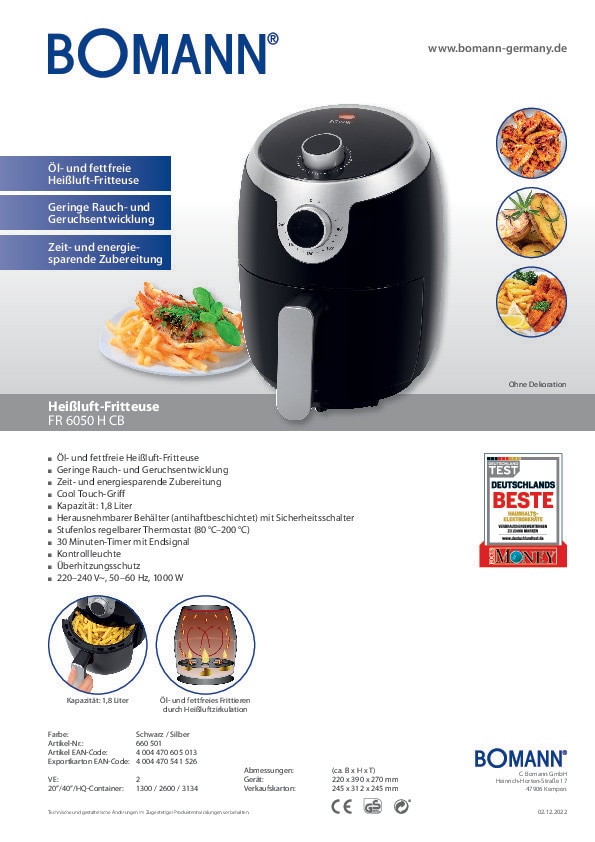 BOMANN Heißluft-Fritteuse FR 6050 H CB 1,8 L schwarz