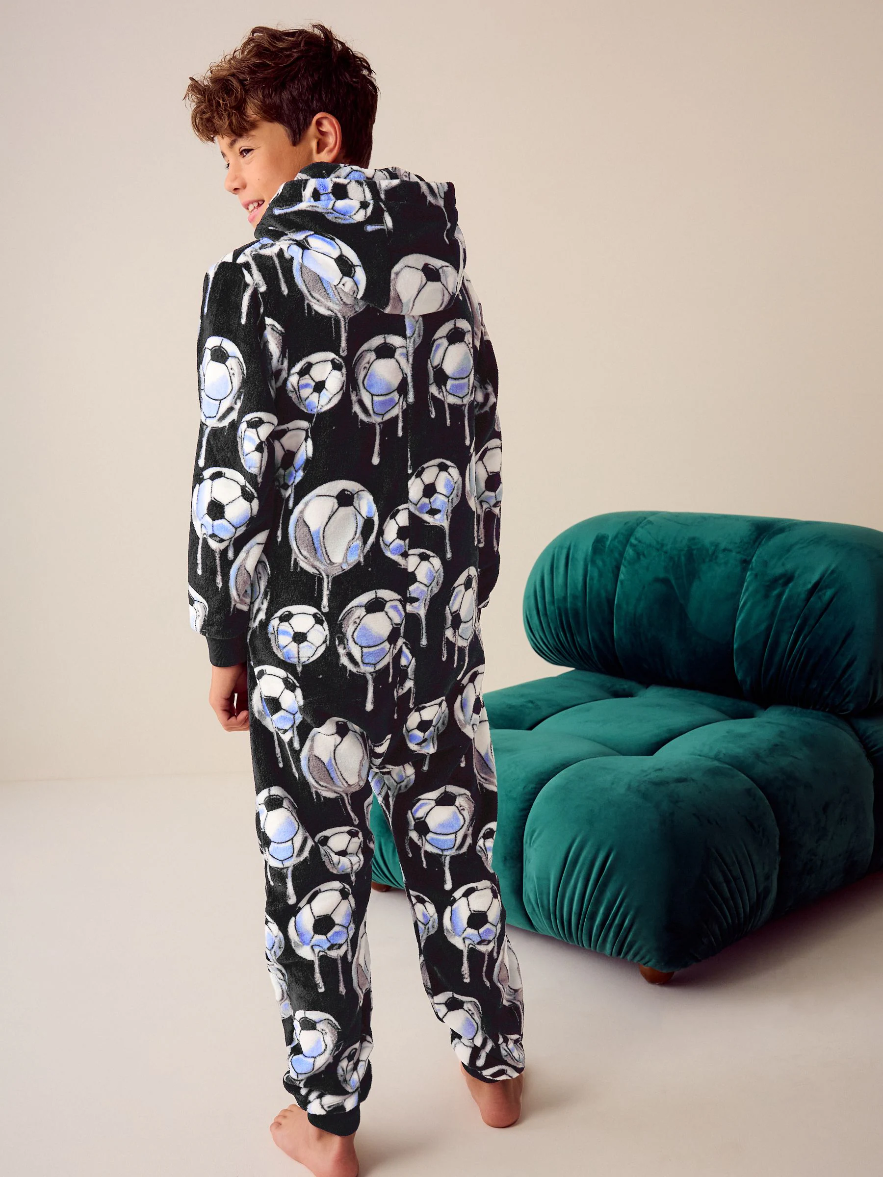 Zwart met voetbal - Fleece onesie (3-16 jr)