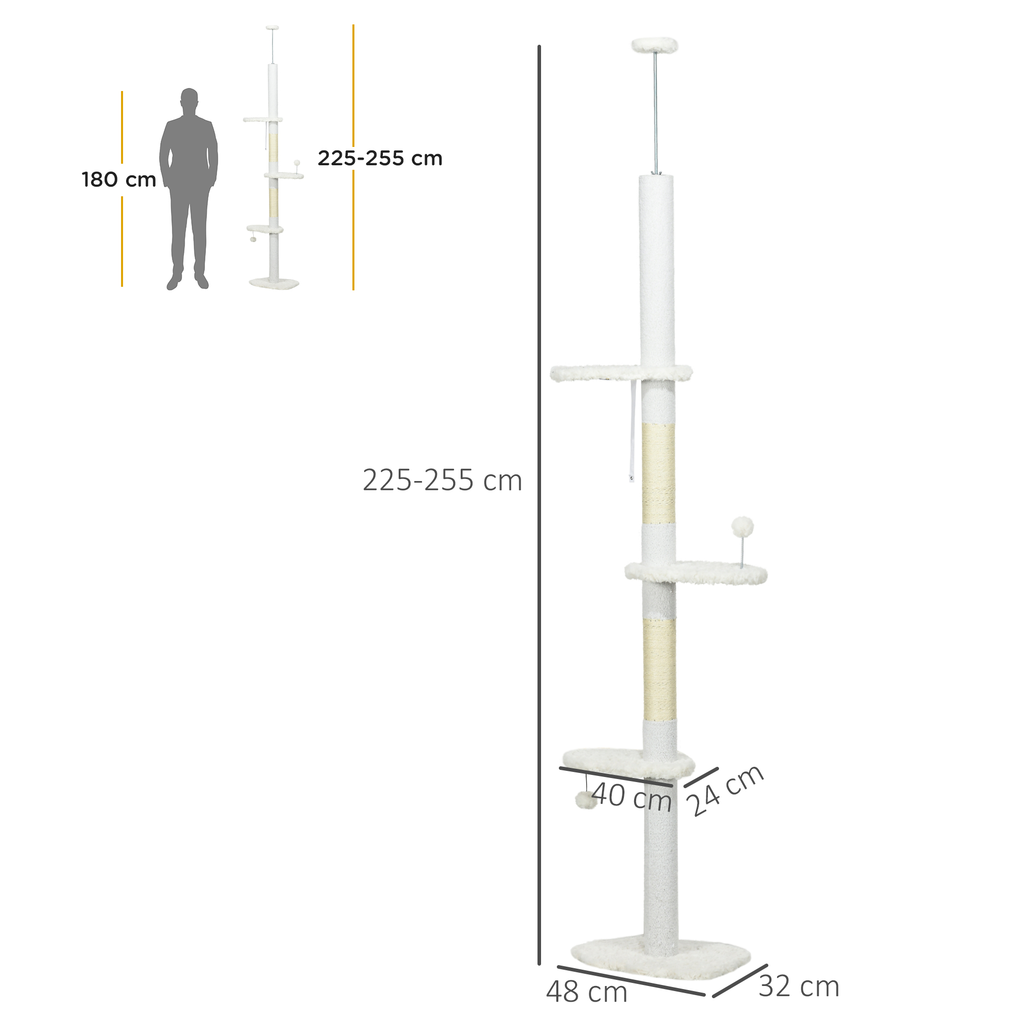 Árvore para gatos PawHut de 225-255 cm, com altura ajustável, 3 plataformas em formato de nuvem, postes para arranhar e 2 bolas, 48 x 32 x 225-255 cm, branca.