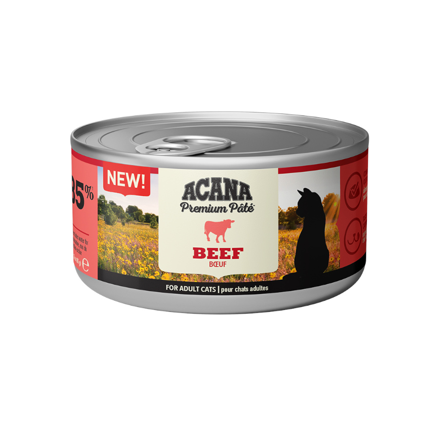 Lata de 85g de patê de carne bovina Acana Premium para gatos