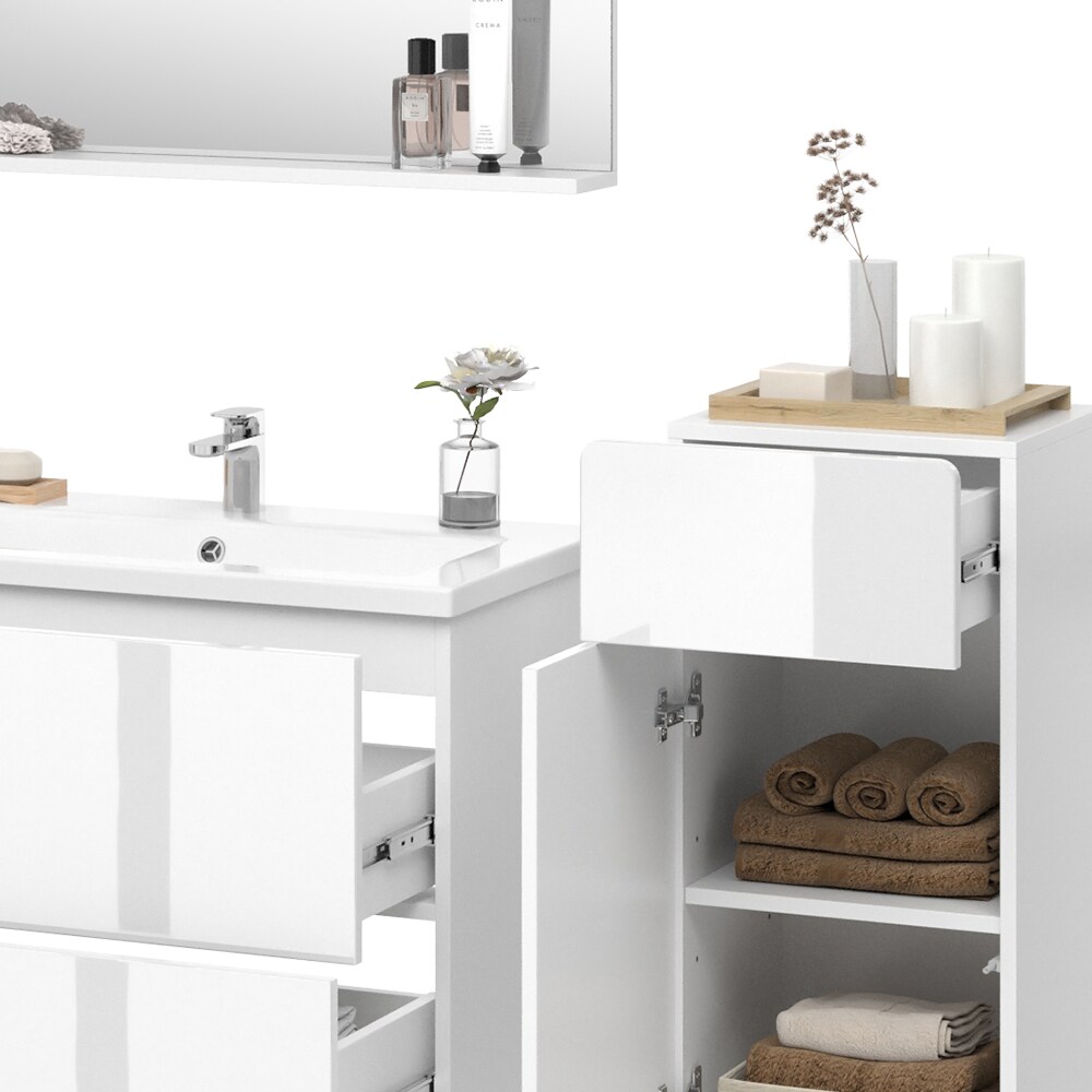 Vicco Badmöbel-Set Izan Weiß Hochglanz modern Waschtischunterschrank Waschbecken Badspiegel Midischrank