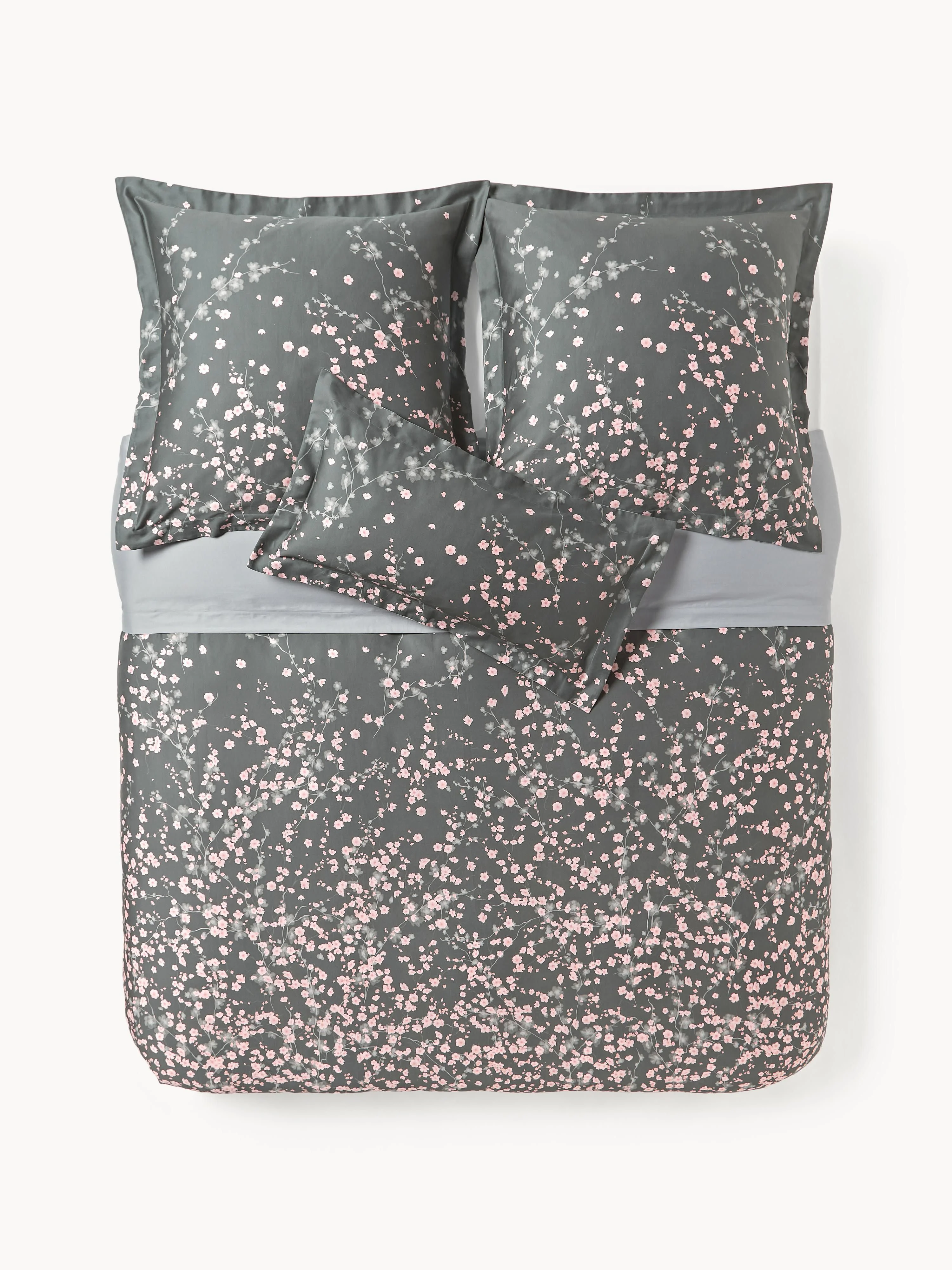 Katoensatijnen dekbedovertrek Sakura met bloemenprint