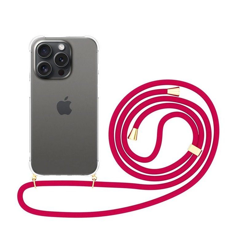 iPhone 15 Pro Necklace Gummi Hülle Air Cushion Fallschutz   Handykette (150cm) - Rot / Gold