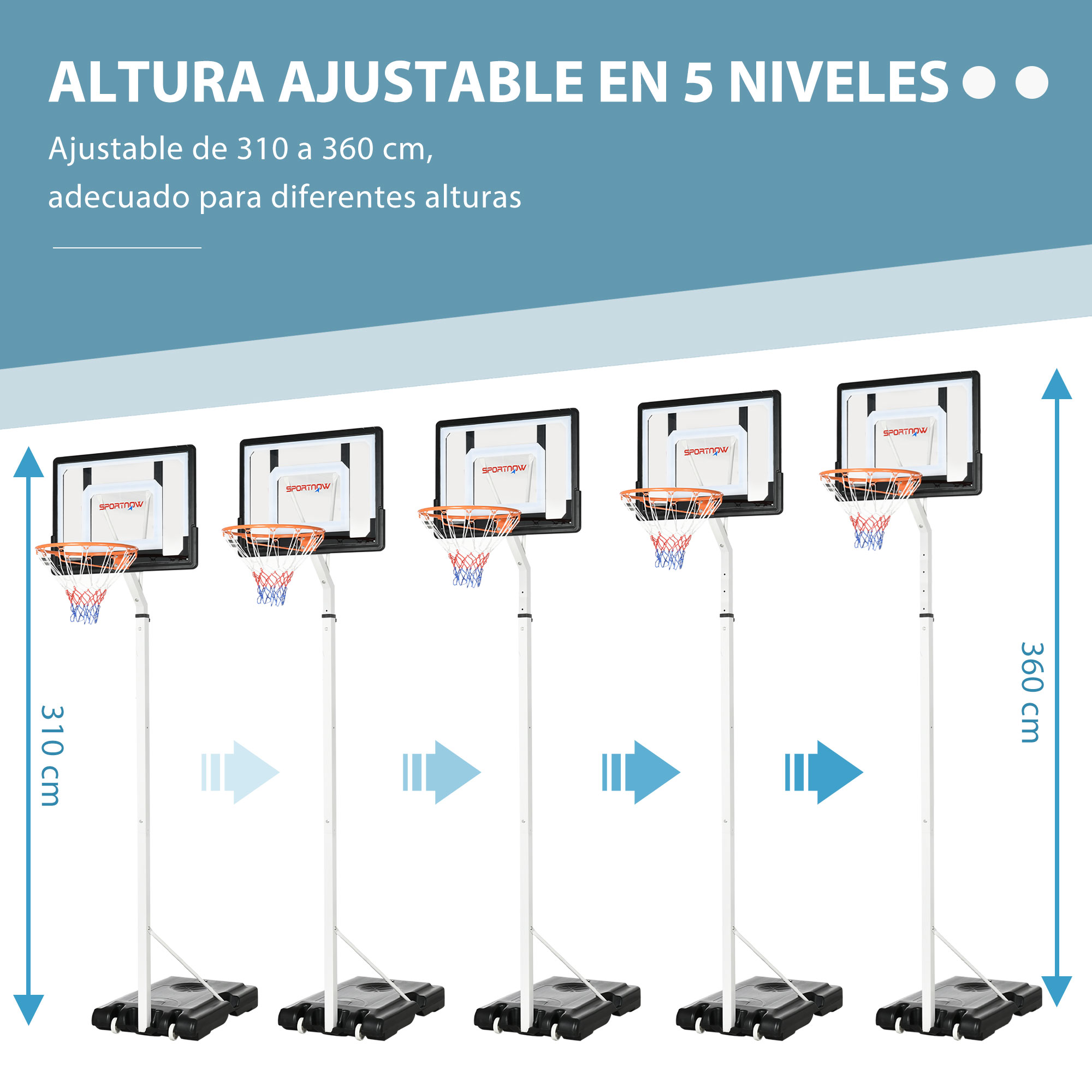 Cesta de basquete branca SPORTNOW com rodas e altura ajustável para jardim.