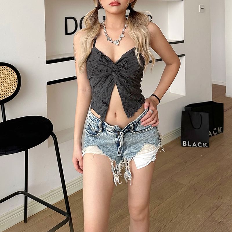 Sosana - Gedraaide crop top met open rug en halternek