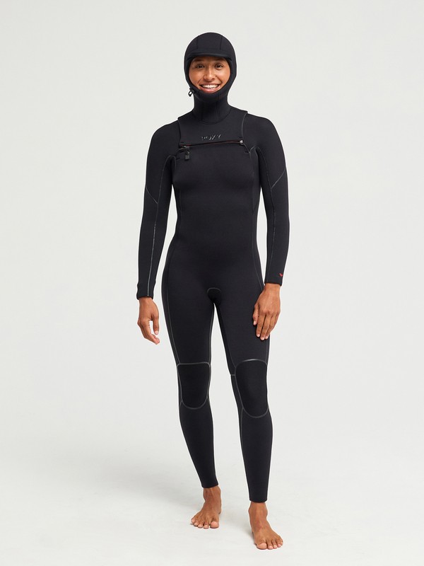 5/4 Elite Xtra Warm Combinaison de surf à capuche avec zip poitrine Noir Femme