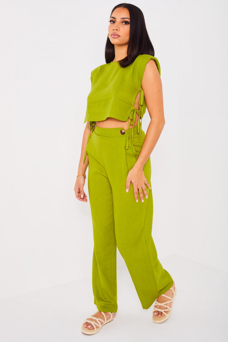 Ensemble 2 pièces crop top + pantalon vert en lin