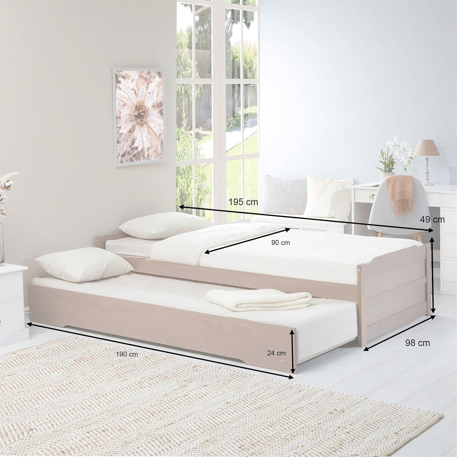 IDIMEX Ausziehbett Lorena in 90 x 190 cm, schönes Tagesbett aus Kiefer massiv in Taupe, praktisches Jugendbett mit Auszugskasten
