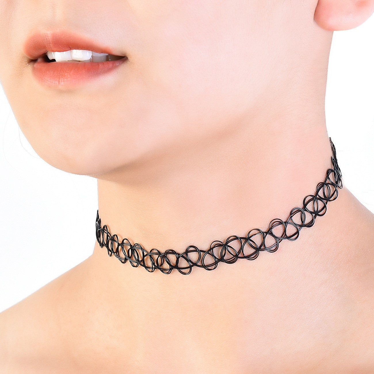 (12er Set) Elastische Halskette Henna Choker Accessoire - Schwarz