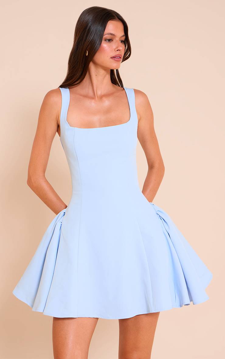 Bleu Pâle Robe Droite Tissée À Encolure Carrée