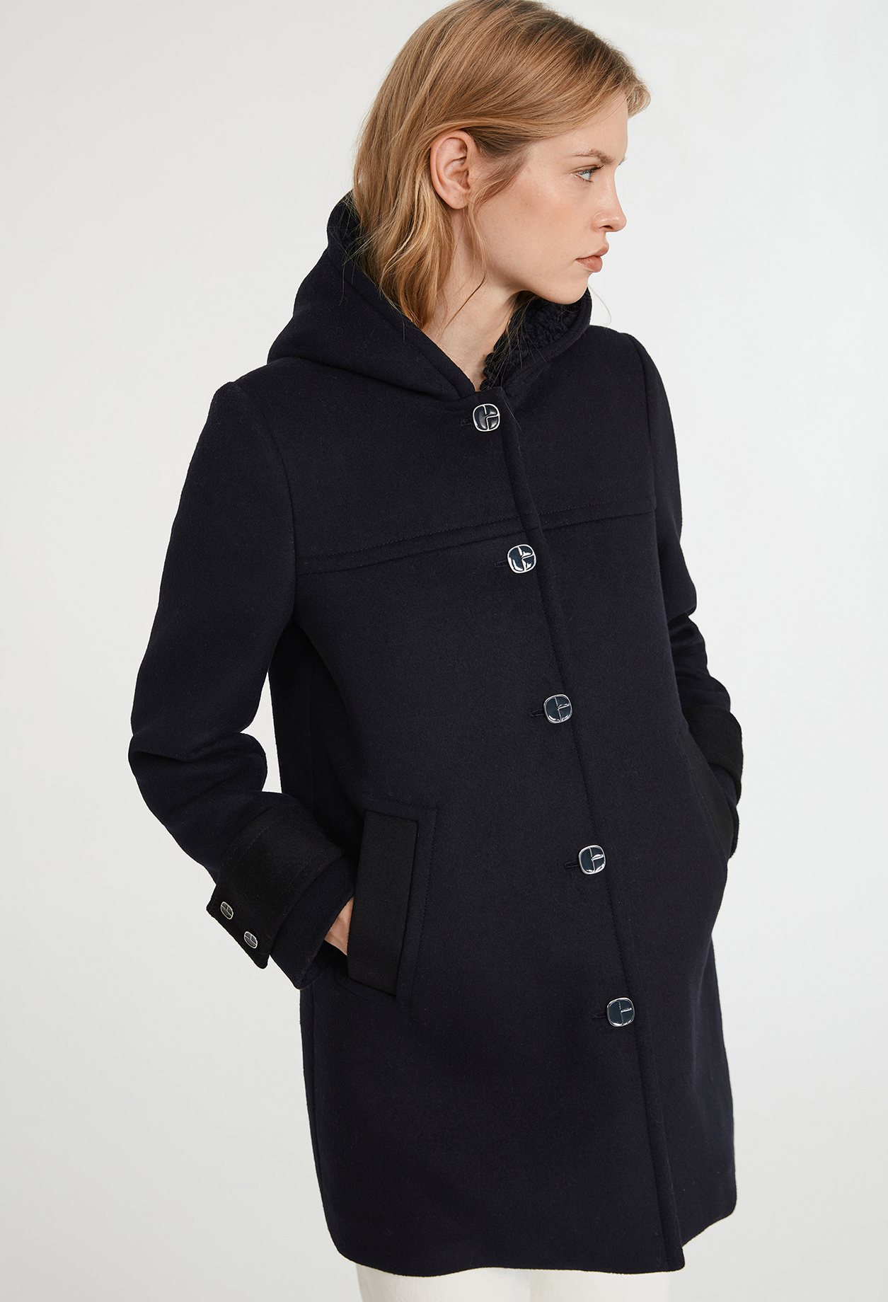 Manteau marine capuche laine melangee