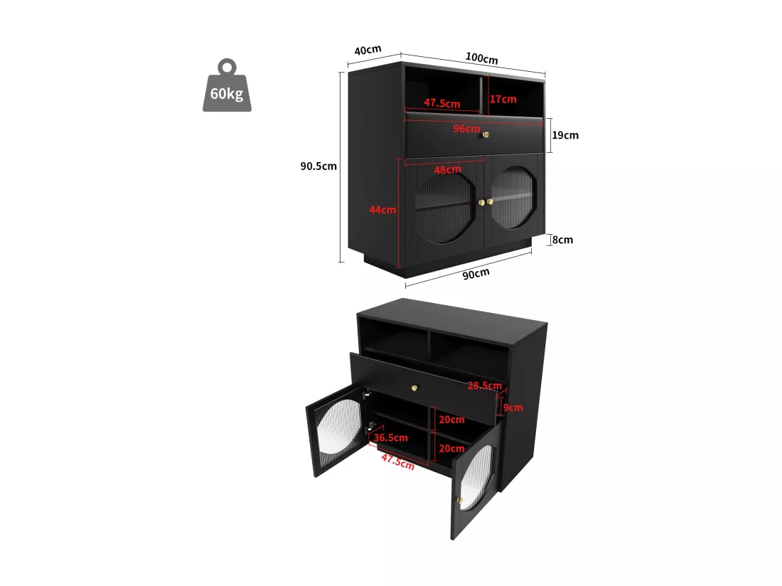 Buffet multifonctionnel noir avec porte en verre de luxe,d100cm×h90.5cm