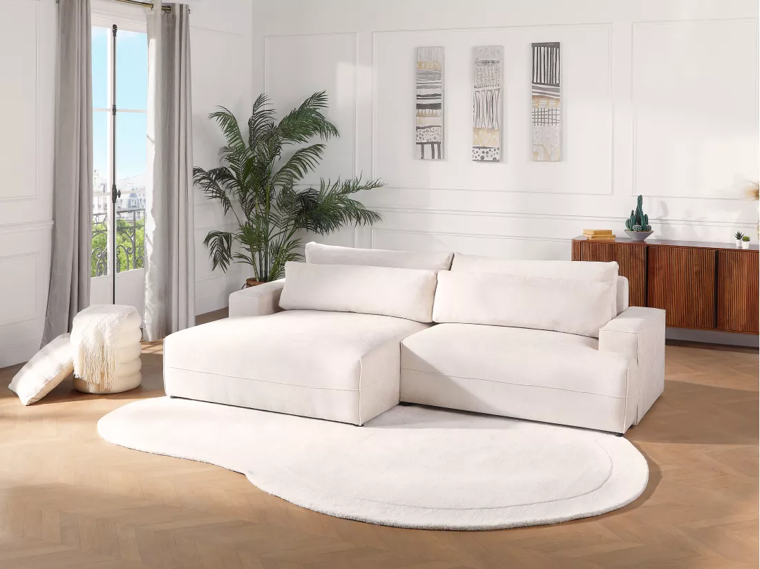 Canapé d'angle gauche convertible en tissu texturé beige BREGLIO