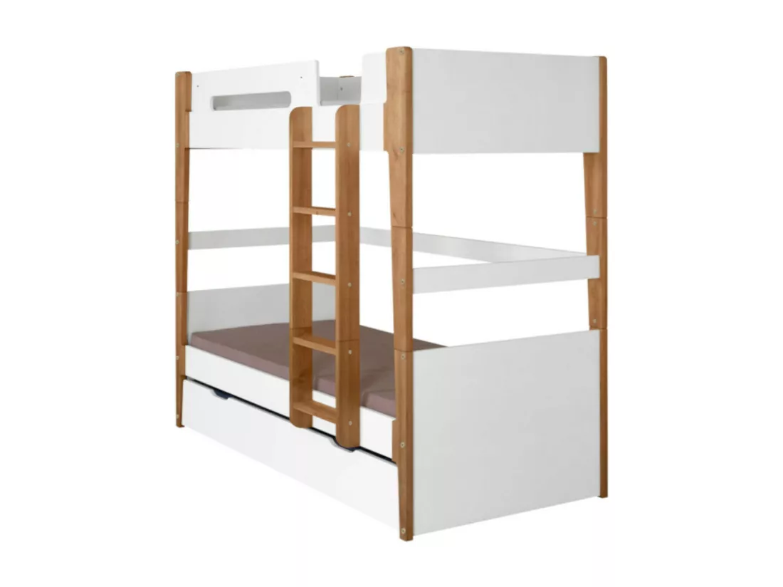Lit superposé modulable gigogne 90x190 cm bois massif blanc et bois ROMY